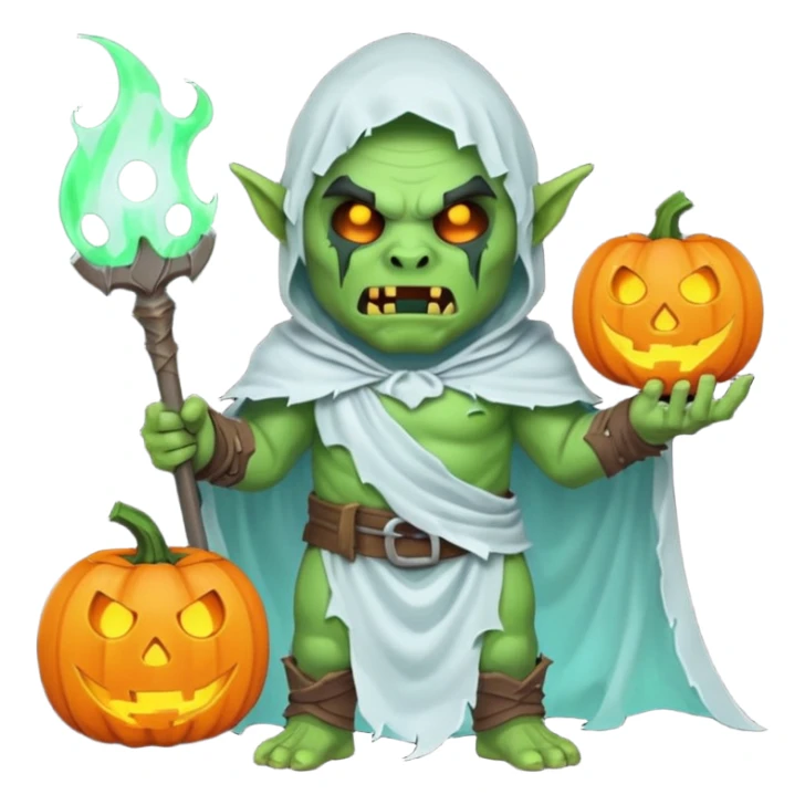 male orc warrior ghost emoji, green skin, tusks, wearing torn white ghost sheet costume, holding glowing jack-o'-lantern, faint blue aura, friendly but spooky expression, Halloween fantasy theme, Apple emoji style, clean white background, square sticker