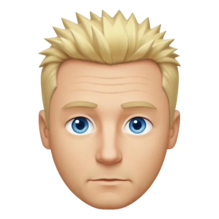 Create emoji of a single blonde guy short hair on the sides medium length slightly spiky pushed slightly to the right blue eyes define jawline middle aged sticker