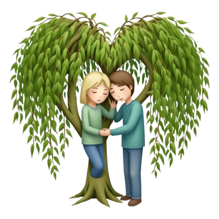 heart-shaped weeping willow tree with two people inside giving each other a comforting, caring, supportive hug, not romantic, with a small heart above them sticker