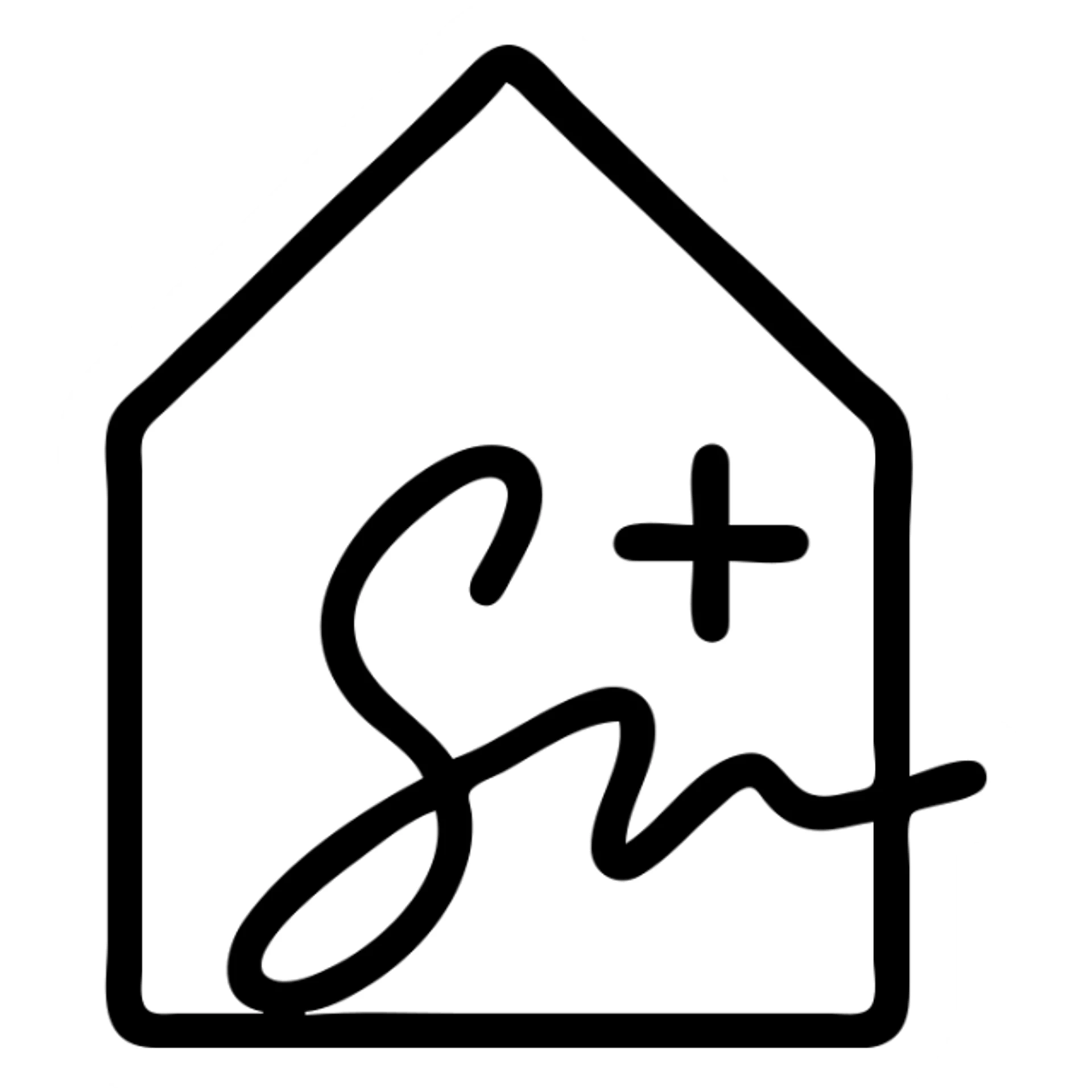 creative house silhouette, the outline resembling a signature, with a plus sign subtly incorporated, simple and stylish sticker