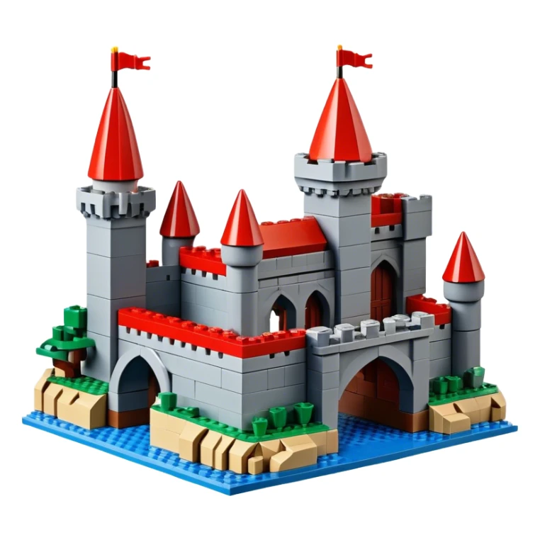 A photorealistic icon featuring a large medieval castle built from LEGO bricks, with detailed textures of the bricks, turrets, and drawbridge. The design captures the creativity and intricacy of LEGO construction with vibrant colors and realistic lighting. Transparent background sticker