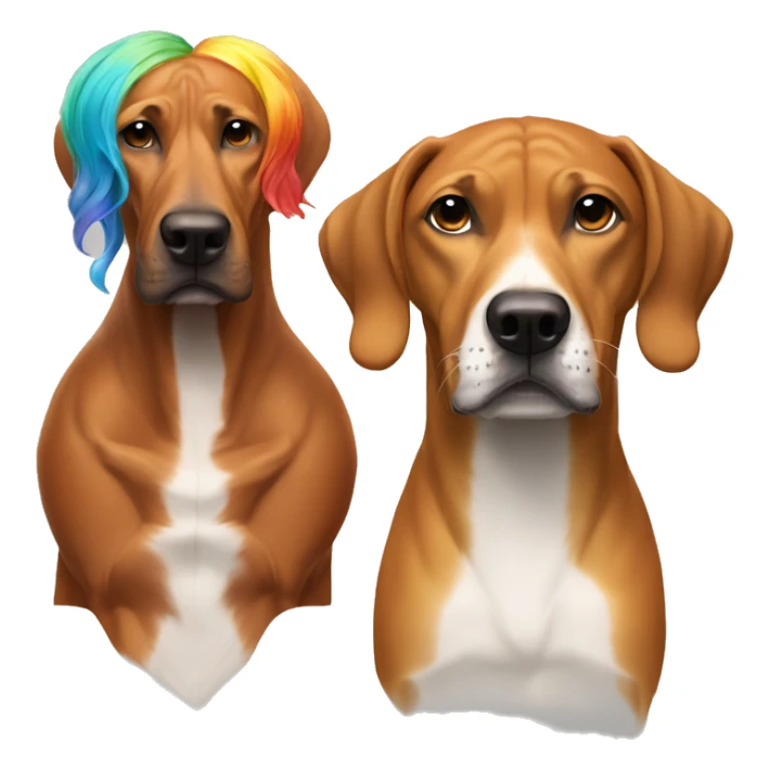 white man with long rainbow colored hair and twisted mustache next to a brown rhodesian ridgeback sticker