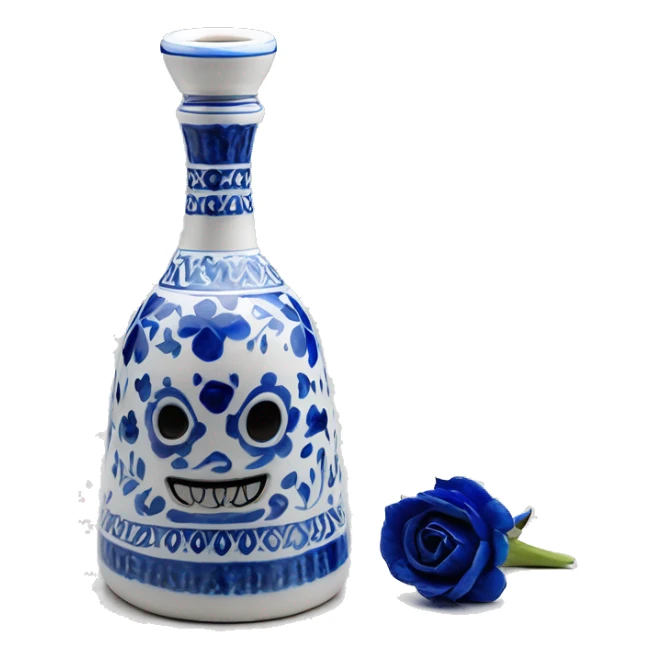 The Clase Azul Tequila bottle is tall and hourglass-shaped, with a wide base that tapers towards the neck. Its white ceramic body is decorated with cobalt blue floral designs, and it’s topped with a complete gray, bell-shaped stopper that curves inward  sticker