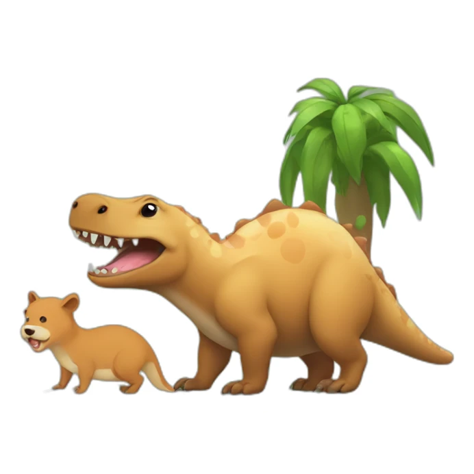 Funny dinosaur plays with capybara an dog sticker