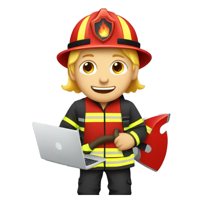 Blonde male person with a laptop in firefighter outfit with a fire axe sticker