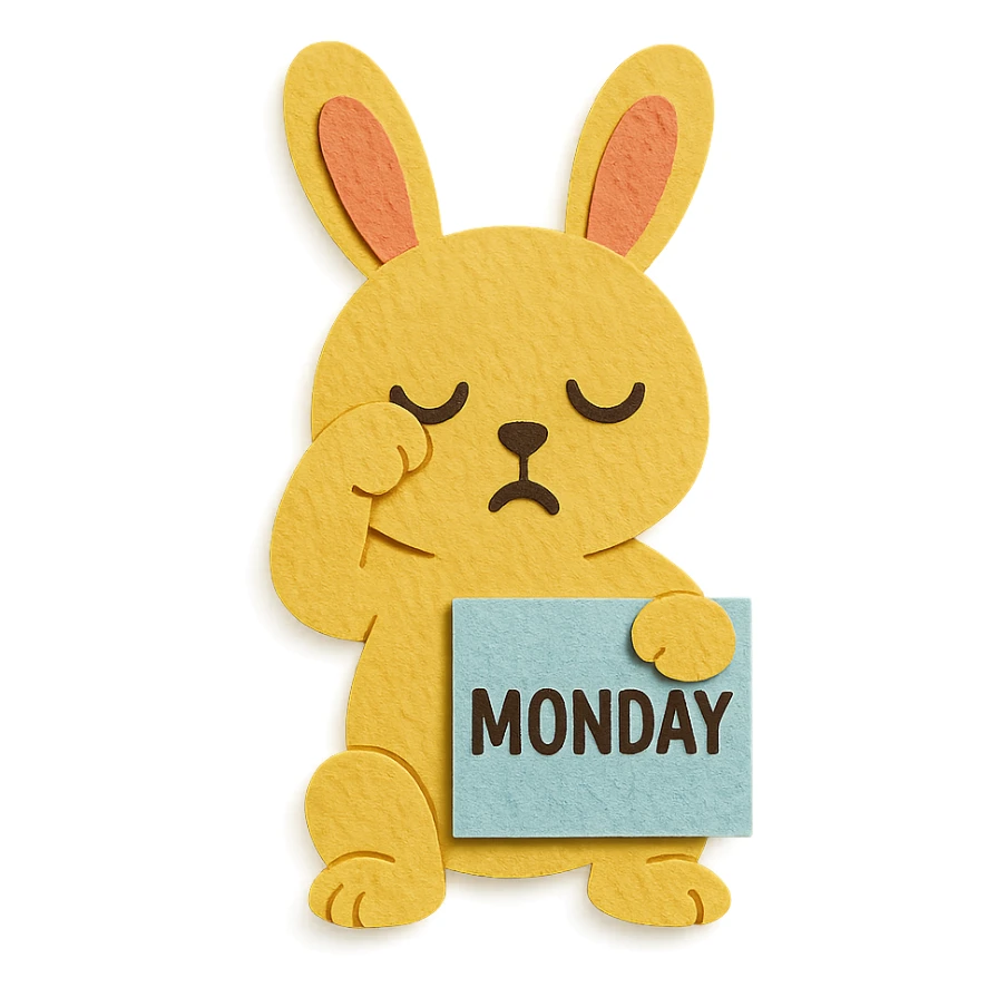 yellow bunny holding Monday memo while rubbing eyes, paper craft style, textured paper look sticker