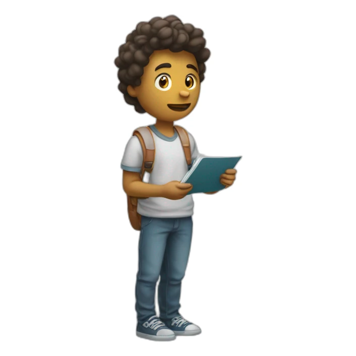 Student thinking with a paper in one hand and pen in the other hand, thought bubble sticker