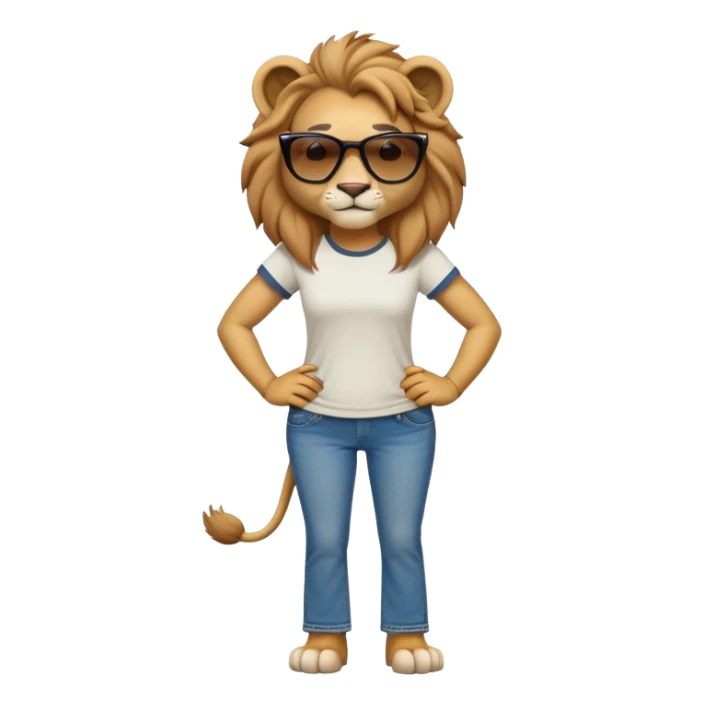 friendly anthropomorphised female lion character, full body, standing confidently with legs apart and hands on hips, wearing jeans, a t-shirt, and dark sunglasses, with a confident smile sticker