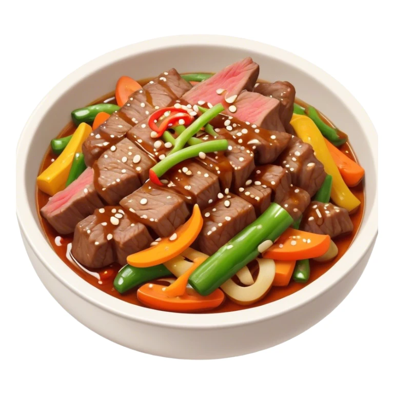 Cinematic Realistic Bulgogi Dish Emoji, featuring tender, marinated beef stir-fried with vegetables rendered with dynamic textures and mouth-watering lighting. sticker