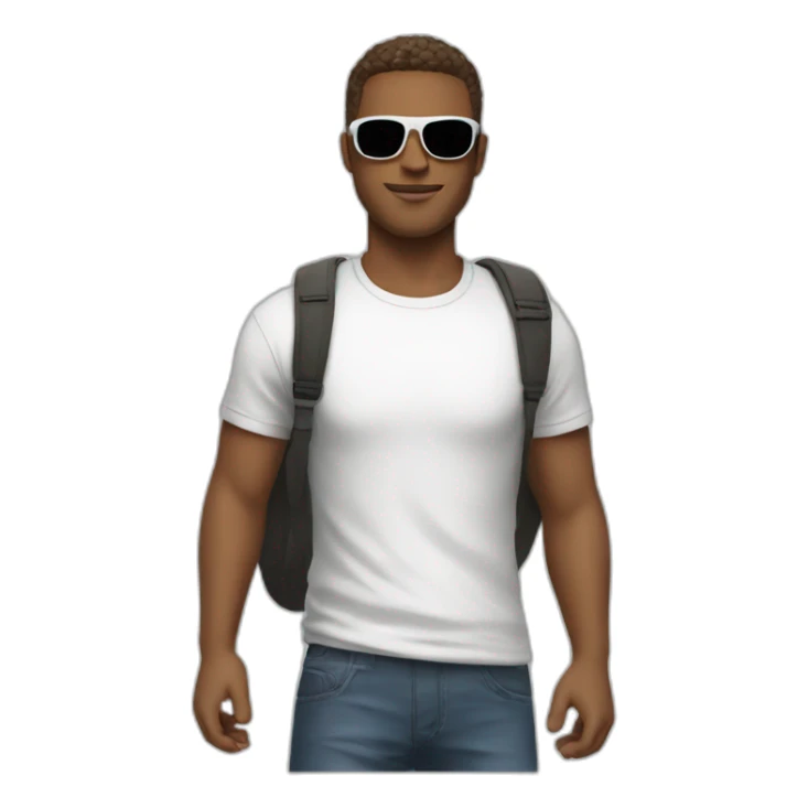 Man with sunglasses with shor hair and white t-shirt sticker