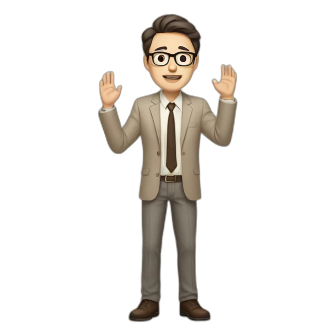 Full height Actively gesturing with hands Pale skinned fit man with dark brown hair in gray jacket, beige office shirt, brown tie, brown pants and vintage glasses. sticker