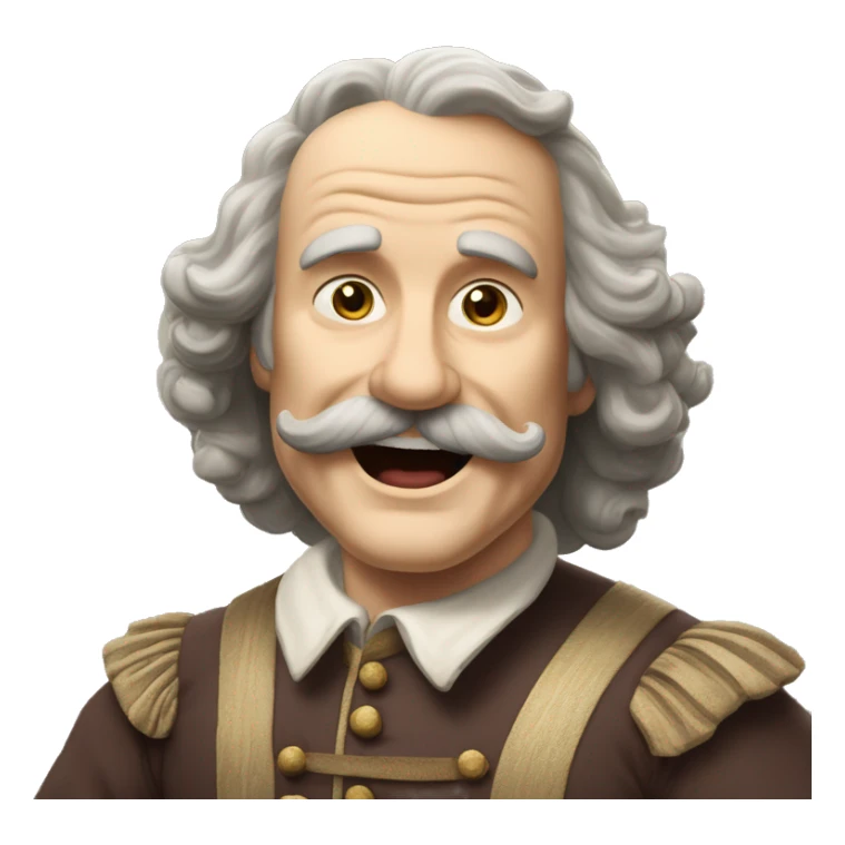 Short pudgy old man over enthusiastic happy excited face bald forehead long wavy gray and brown brunette long wavy hair moustache Shakespearean dress vintage clothes hamlet small arms sticker