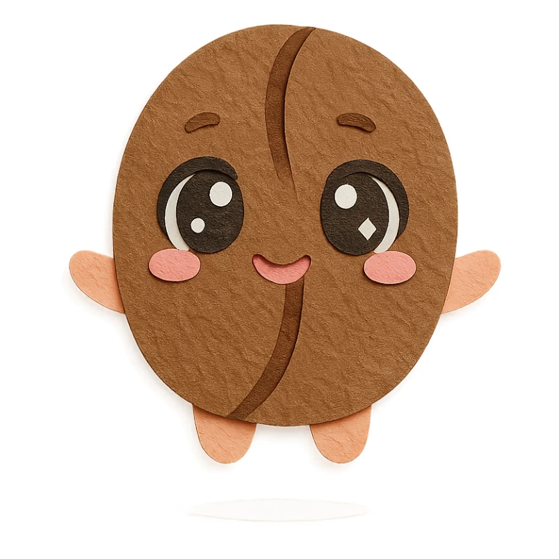 chibi coffee bean character, full body, big sparkling eyes, tiny arms, soft pastel colors sticker