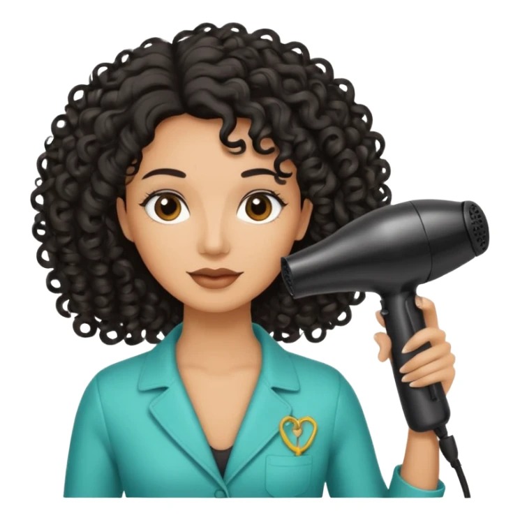 Parrucchiera con il phon in mano e la scritta coiffeur assunta capelli neri e ricci sticker