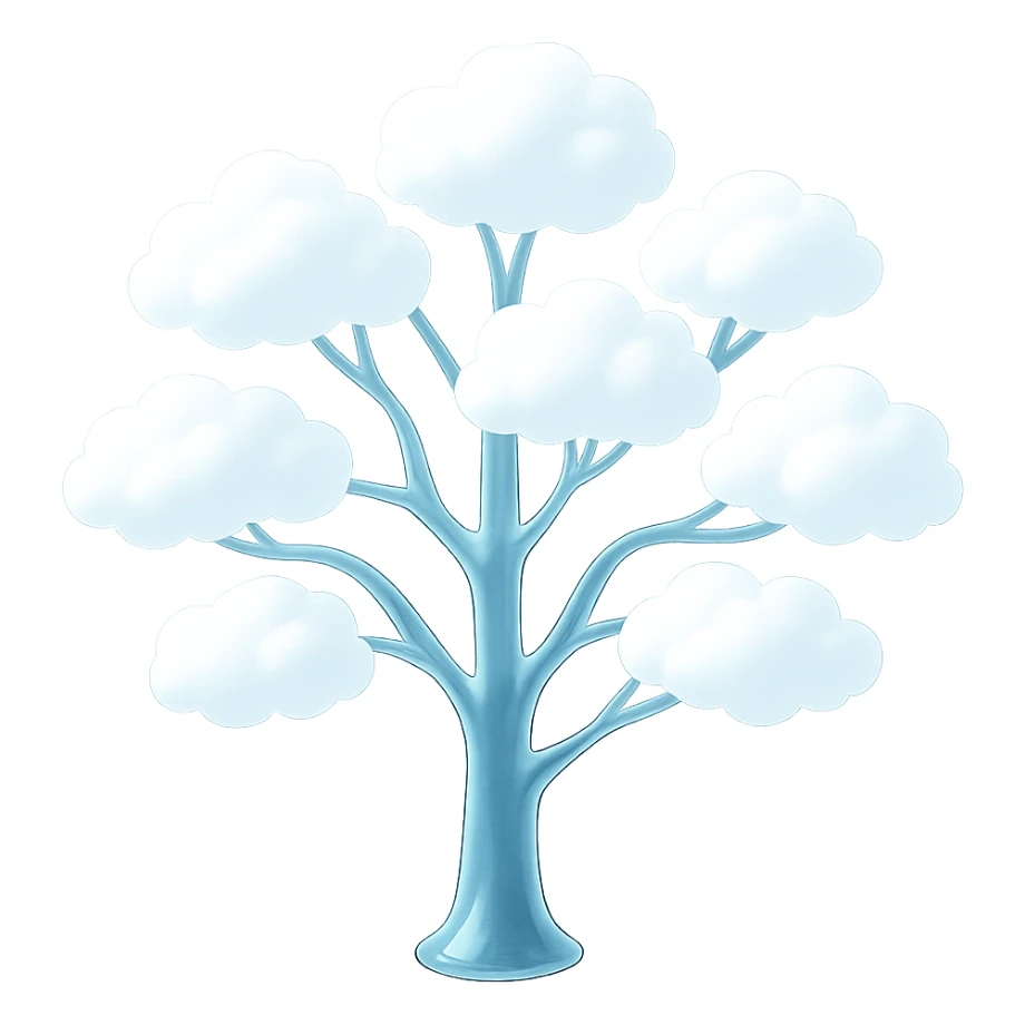 one tree with many branches and a white trunk, crown made of small very bright white fluffy convex clouds, matte glass style sticker