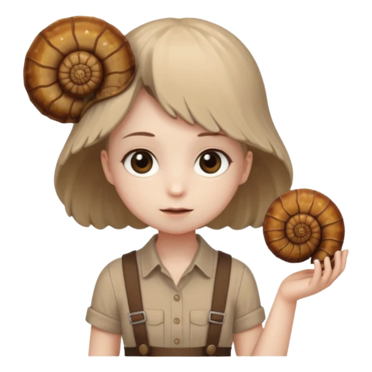 Shelly has a small, chibi-style body with a large ammonite-shaped head that looks like a beige fossil shell. One side of her head has a dark opening, making it clear she isn’t human. Her face is simple and soft, with big round eyes. She wears a brown suspender outfit over a lighter shirt sticker