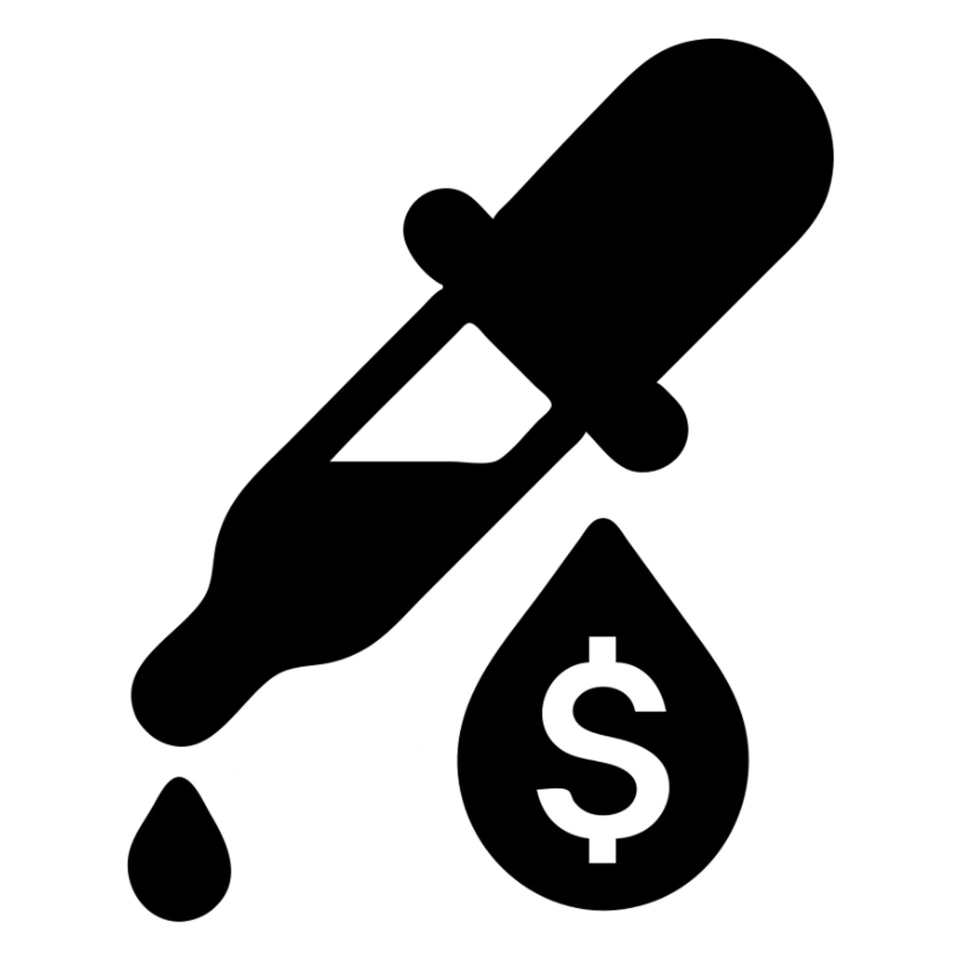 solid icon of a pipette with a golden drop, dollar sign inside the drop sticker
