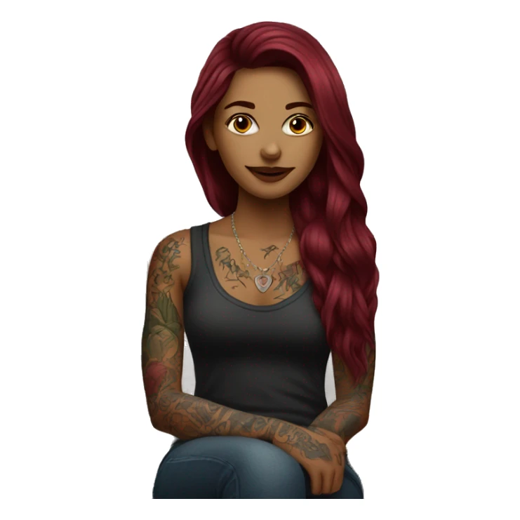 Beautiful tattooed burgundy long haired woman sitting on couch sticker