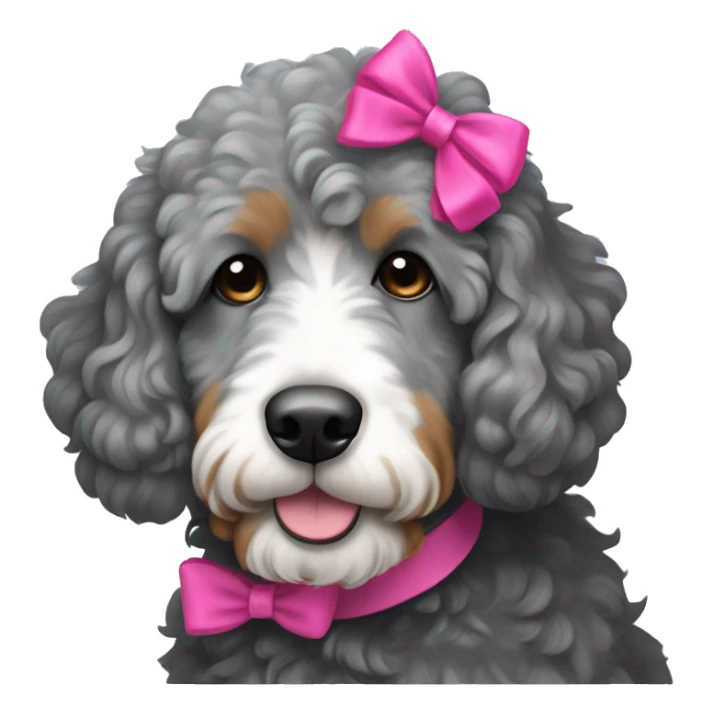 All grey Bernedoodle wearing a hot pink bow in hair sticker