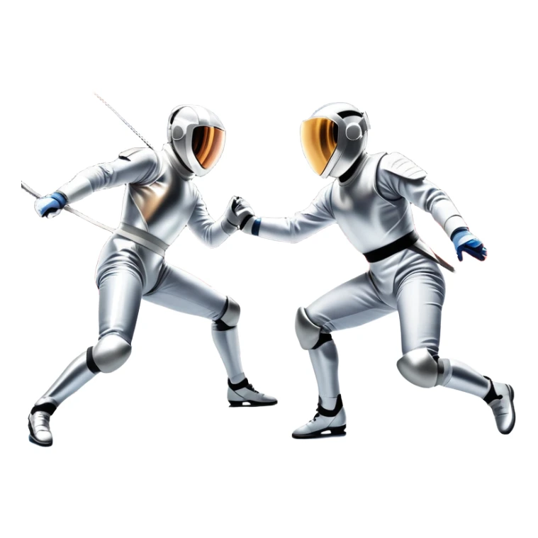 Two fencers in full protective gear duel on a professional piste, their foils clashing in mid-air. The background features a dynamic blur, symbolizing speed and precision. The scene is illuminated by bright arena lights, emphasizing the intensity of the match. Transparent background. sticker