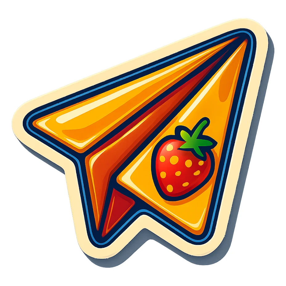 retro sticker-style paper airplane with bold outlines, expressive shadows and highlights, slightly three-dimensional playful look, outlined glossy bright style like lips with strawberry illustration sticker