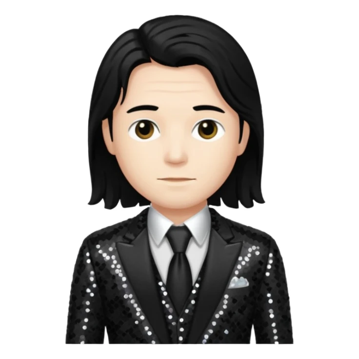 Charles Lee Ray with long black hair, dark suit sequin suit  sticker