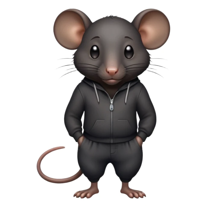 a large, completely black rat, all black, in pants, with a sweaty forehead sticker