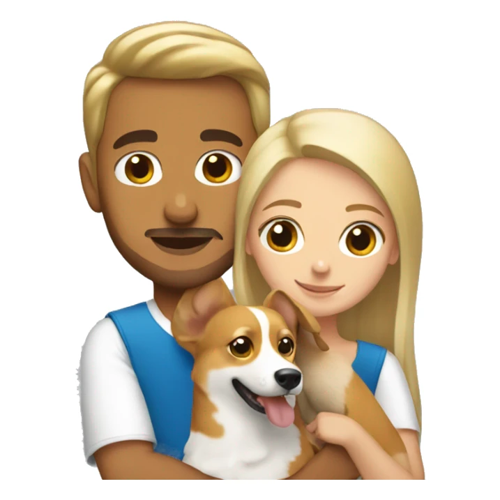 blonde girl with arab guy holding a corgi in their arms sticker