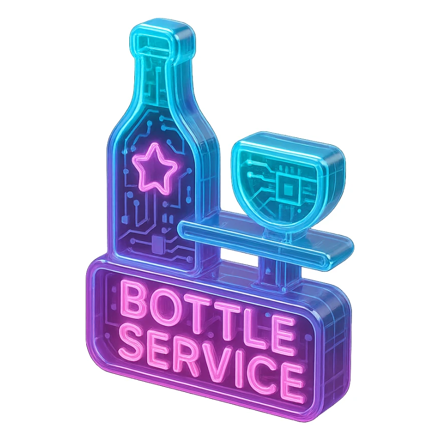 bottle service sign, neon style, glowing effect, modern nightclub vibe, glossy circuit style sticker