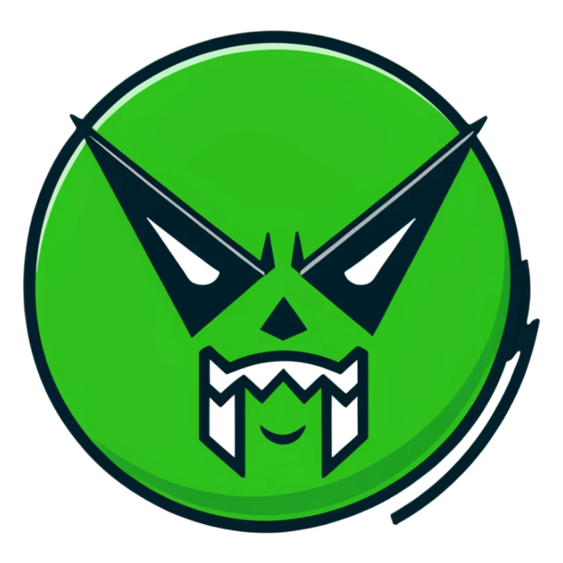 Geometric Maya style angry emoji - spam message, strictly white and deep dark green only, angular sharp lines sticker