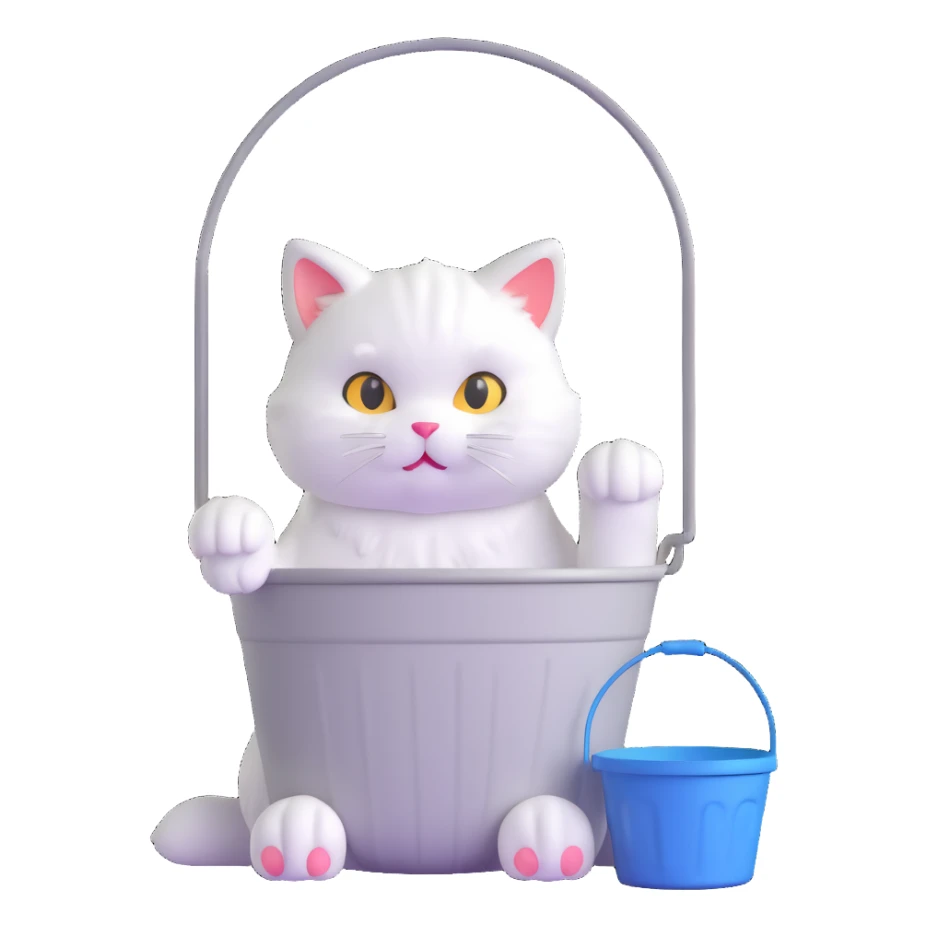 fluffy white cat sitting with a large bucket on its head, paws visible sticker