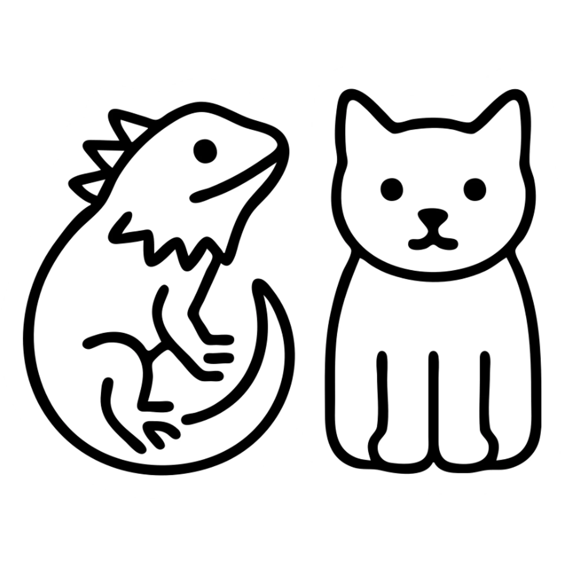 a bearded dragon and a black cat, simple, minimal style, black outlined icon sticker