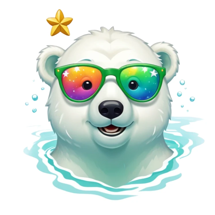 friendly anthropomorphised polar bear smiling, wearing large multicolored star-shaped glasses and festive St. Patrick's Day outfit, swimming in water sticker