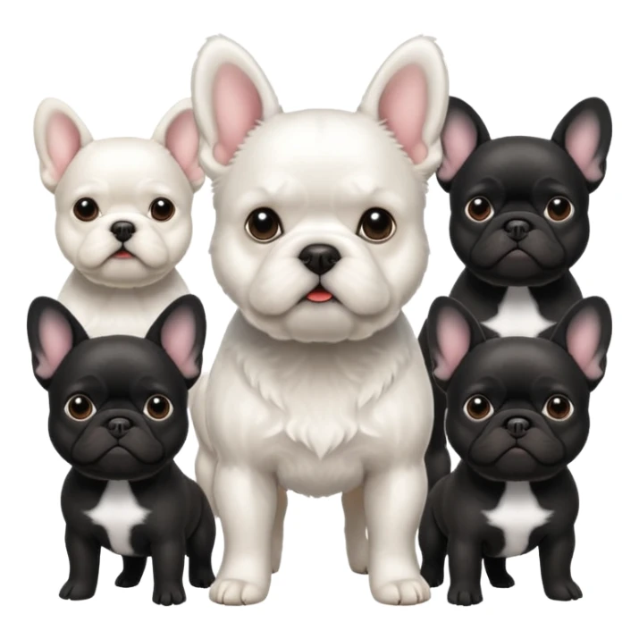 White terrier with 3 black French bulldogs behind him sticker