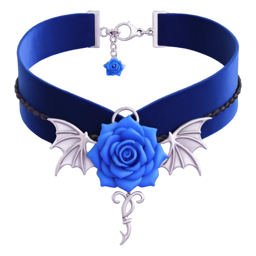 gothic choker with navy blue velvet band, silver bat charm, blue rose centerpiece, shimmering white light effect, dark and gothic sticker