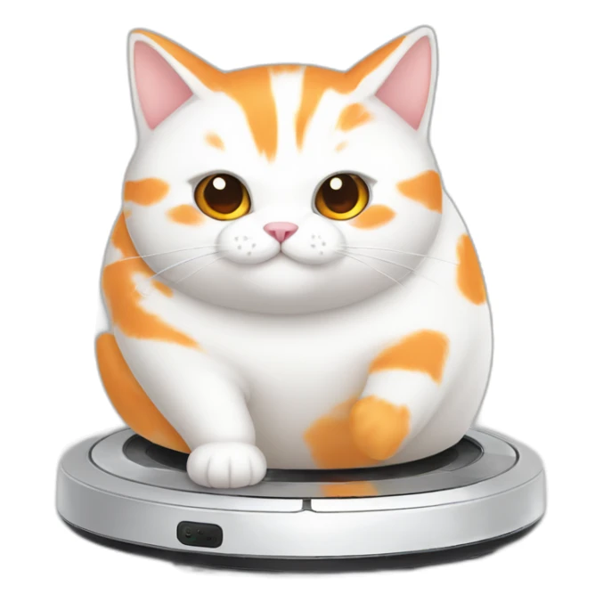 fat white and orange cat sitting on top of white roomba sticker