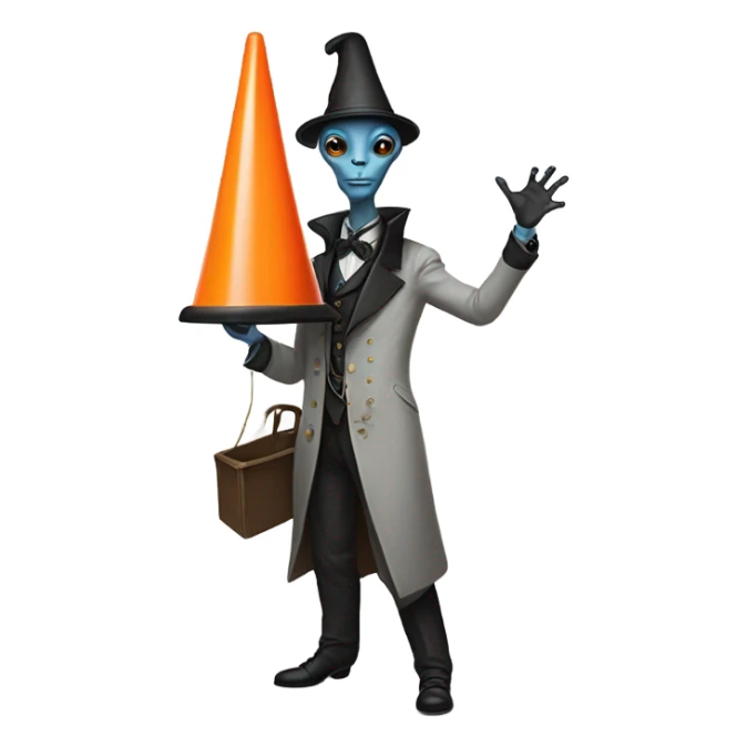 alien galora in Victorian dress elegant, full body, holding big traffic cone sticker