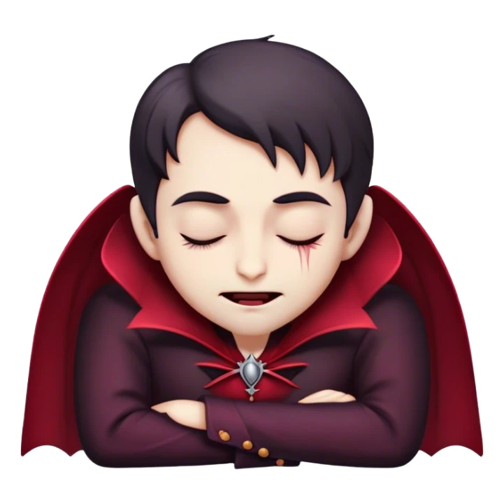 Meme-Worthy Cute Sleeping Vampire Portrait Emoji, with a refined, small, pale face softened by closed, serene eyes and a slight, peaceful smile, adorned in miniature elegant dark attire with a hint of fading crimson, simplified yet irresistibly adorable, highly detailed with a soft ethereal outline that captures the drowsy charm of a vampire in quiet nighttime slumber! sticker
