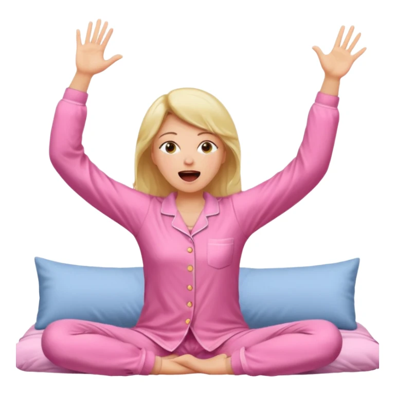 {
      "type": "human",
      "look": "pink pyjama lady, long sleeves, stretching arms",
      "description": "a woman in pink pyjamas stretching her arms after waking up"
    } sticker