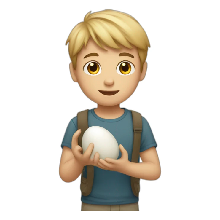 A small white boy holding a rock and an egg sticker