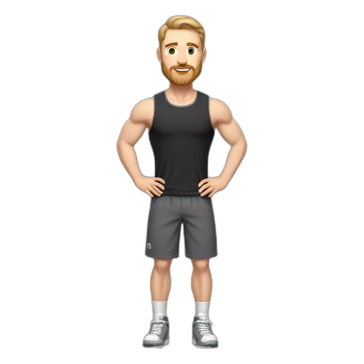 Full height Pale skinned fit man With biceps, Realistic eyes and mouth, light brown hair and stubble In dark gray sleeveless mike, black oversize sports shorts, watch and white sneakers. sticker