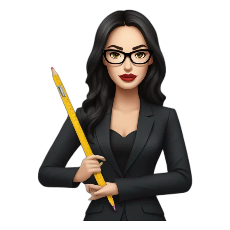 hyper realistic megan fox, wearing black suit and black glasses, holding a ruler sticker