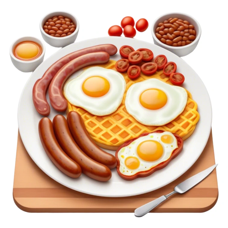 Cinematic Realistic English Breakfast Dish Emoji, showcasing a hearty ensemble of eggs, bacon, sausages, baked beans, and grilled tomatoes rendered with lifelike texture and vibrant, appetizing detail that exudes comforting tradition. sticker