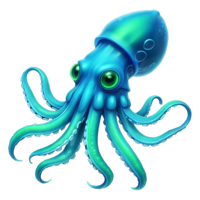 3D render of Deep Sea Squid, bioluminescent deep sea style, glowing neon blue and green lights, dark background to contrast the glow, translucent organic textures, more emision. sticker
