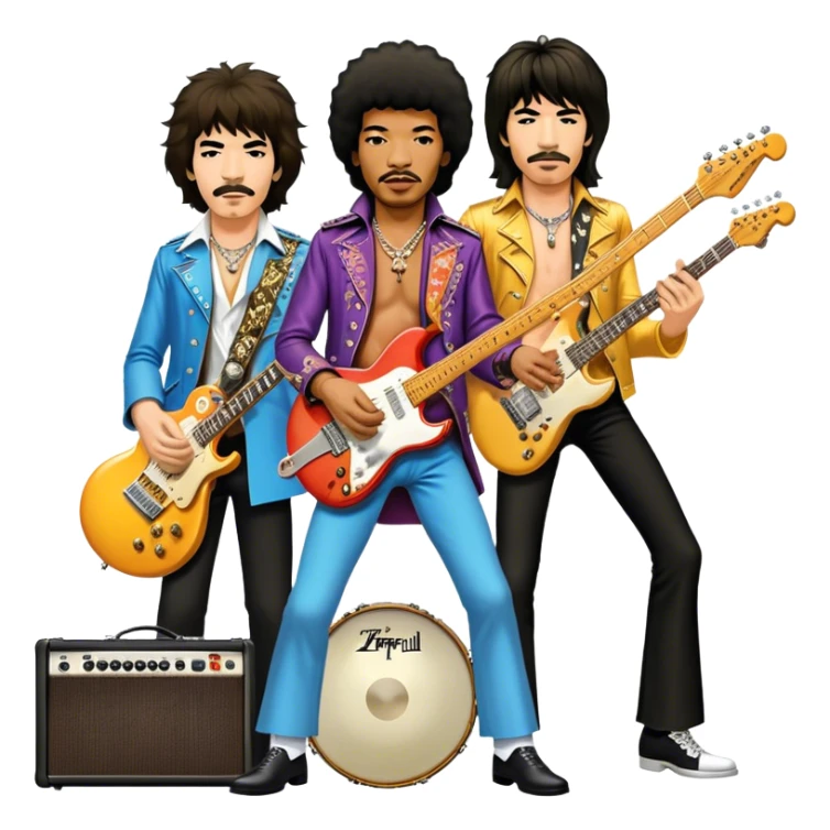 Rock music icon: powerful stage with electric guitars, drums, and amplifiers. Collage of rock icons—Jimi Hendrix, Led Zeppelin, Nirvana, and The Rolling Stones—symbolizing the energy and rebellion of rock. Transparent background. sticker