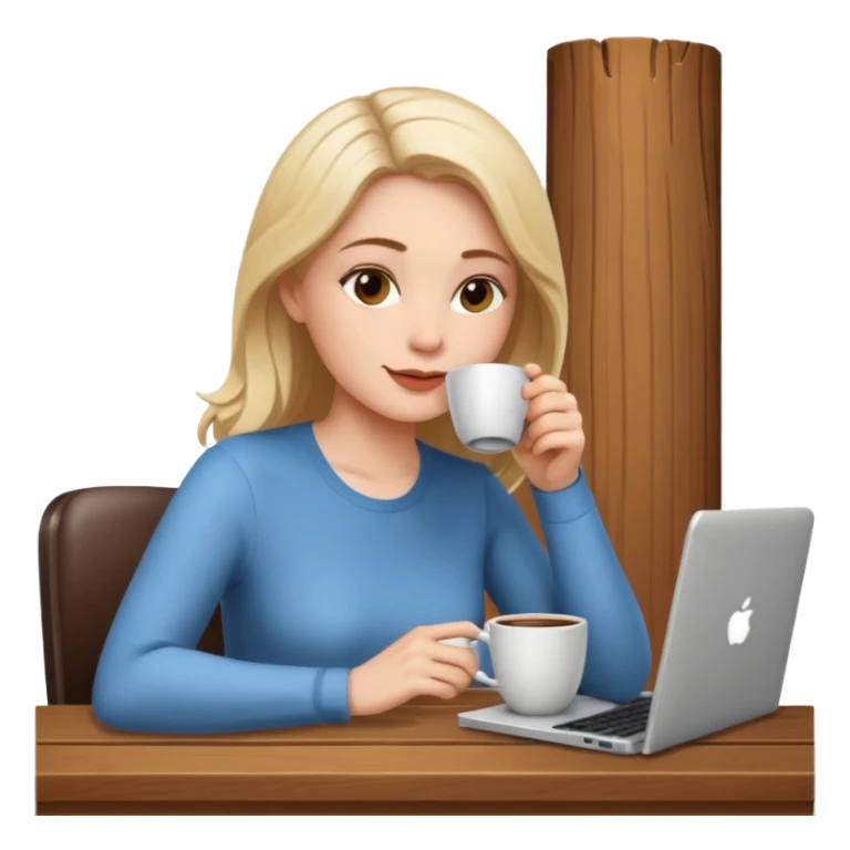 mujer blanca tomando un solo cafe y con un computador sentada en una mesa  sticker