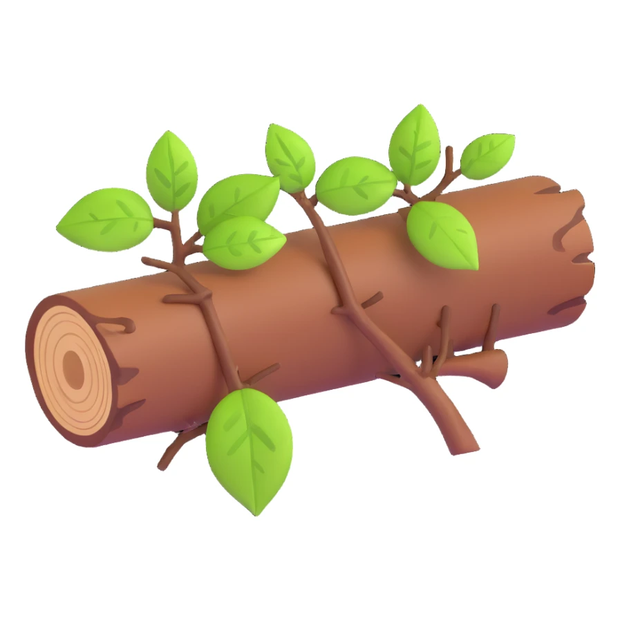 3D emoji style log with a small branch and green leaves sticker