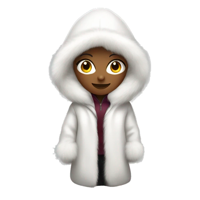 Woman wearing huge white fur coat with hood sticker