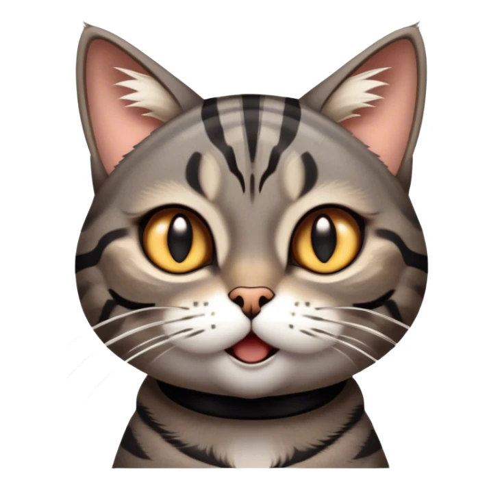 Cinematic Comical Grey and Black Brown Tabby Cat Portrait Emoji, Head tilted dramatically with an exaggeratedly shocked or offended expression, sleek grey-brown fur with bold black tabby stripes, wide amber eyes filled with exaggerated disbelief, Simplified yet hilariously expressive features, highly detailed, glowing with a slightly sassy glow, high shine, dramatic yet playful, stylized with an air of attitude, bright and endearing, soft glowing outline, capturing the essence of a sassy and over-the-top feline, so meme-worthy it feels like it could side-eye its way into internet fame instantly! sticker