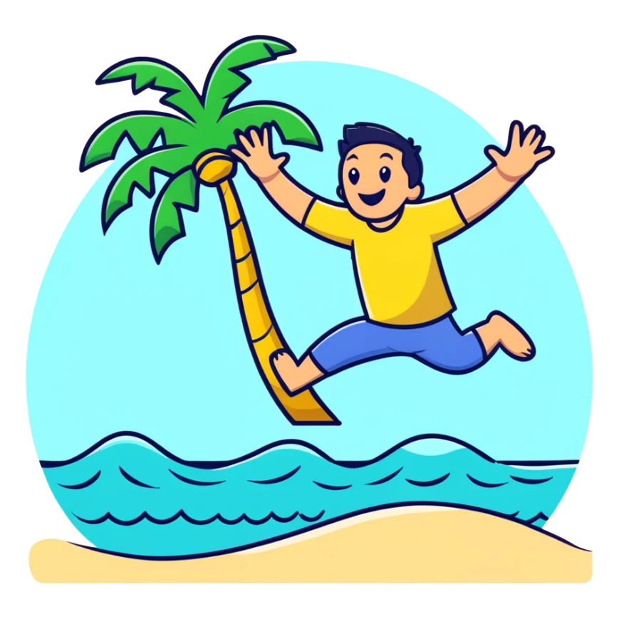 Fun cartoon character jumping happily on beach with waves and palm tree, bright colors sticker